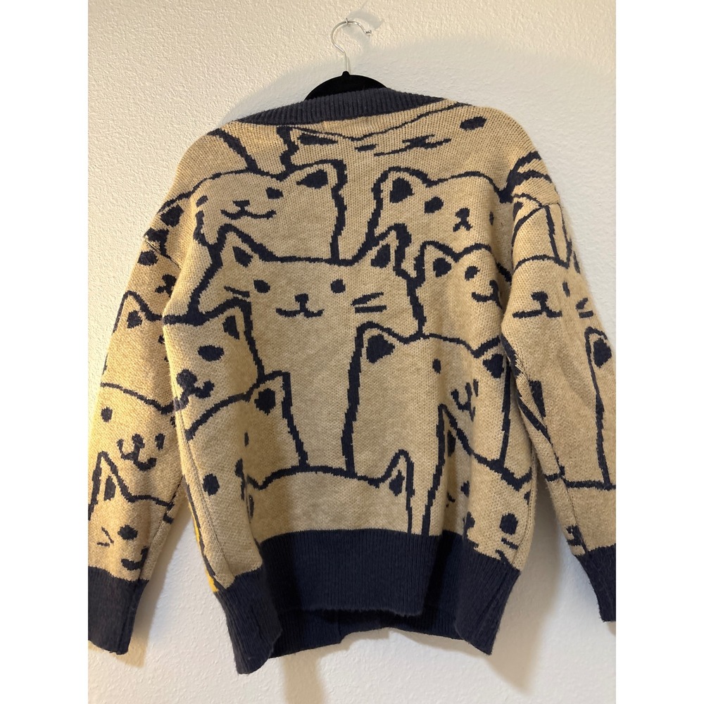 Cider Cat Graphic Knit Cardigan Sweater Navy Tan Yellow Button Front Small - Picture 3 of 3